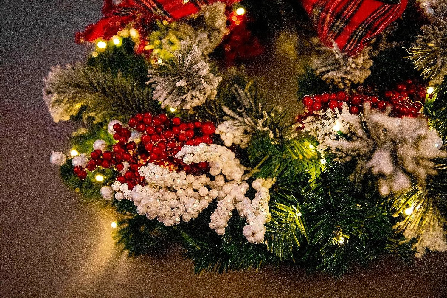 60cm Christmas Wreath PreLit Tartan Ribbon Berry Door Wall Home Hanging Ornament