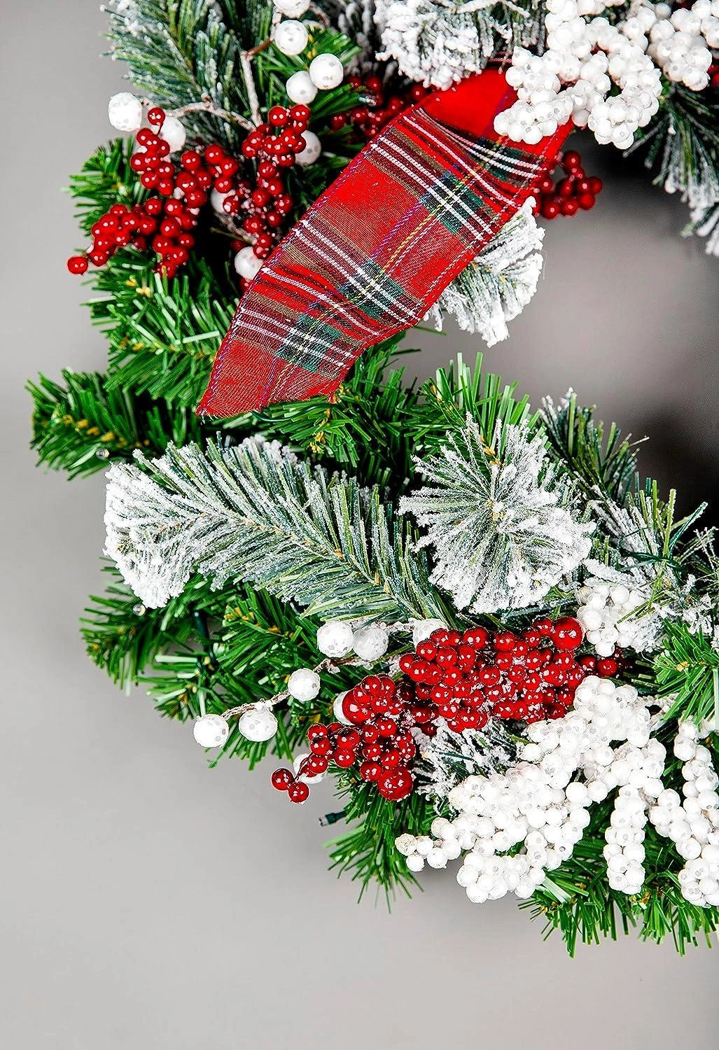 60cm Christmas Wreath PreLit Tartan Ribbon Berry Door Wall Home Hanging Ornament