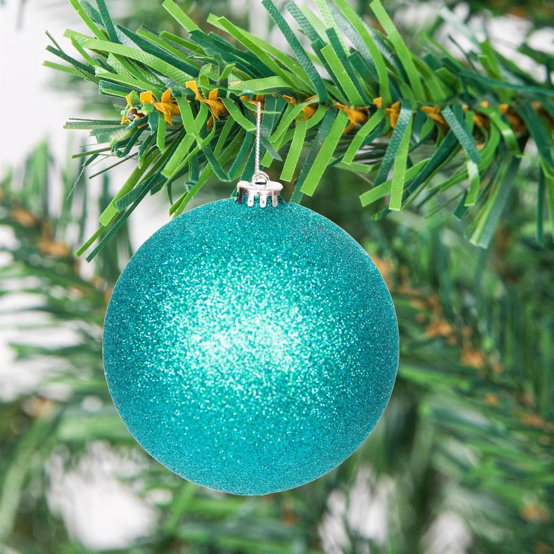 6 Turquoise Shatterproof Christmas Baubles Glitter Matte Shiny Finish 10cm Decor