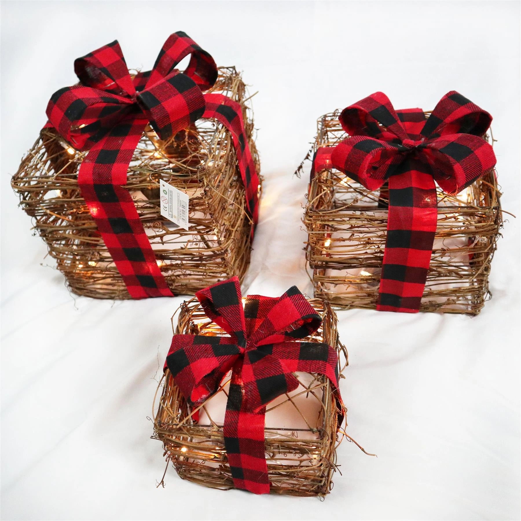 3PCS LED Christmas Parcel Light Up Rattan Gift Box Brown Xmas Festive Home Decor