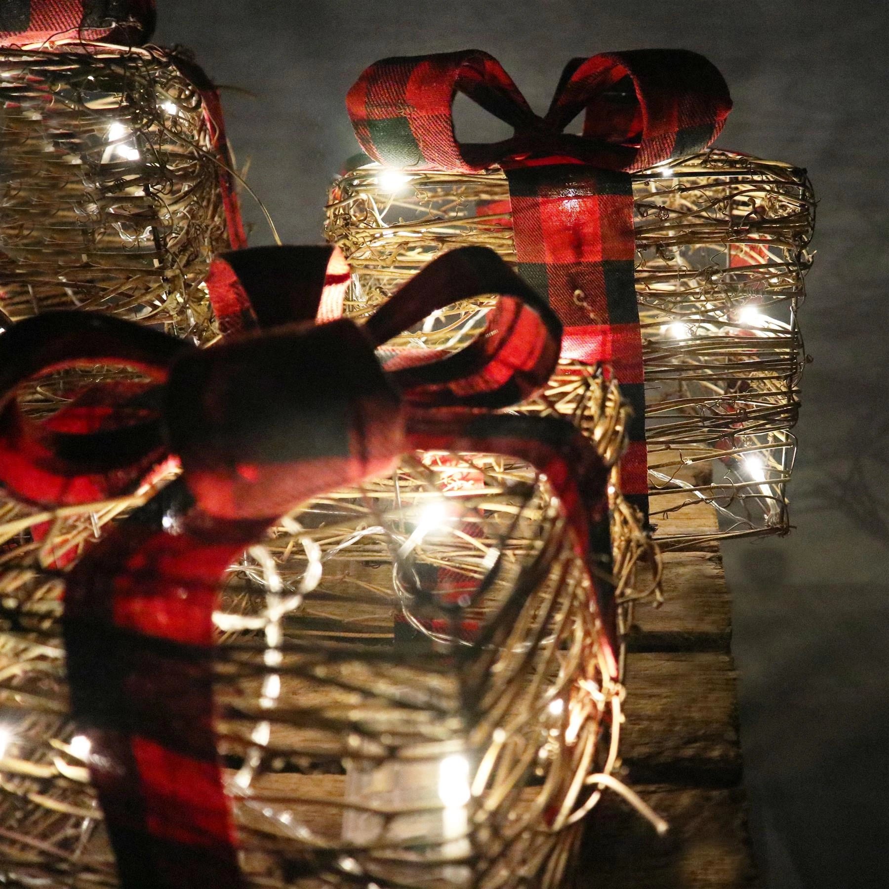 3PCS LED Christmas Parcel Light Up Rattan Gift Box Brown Xmas Festive Home Decor