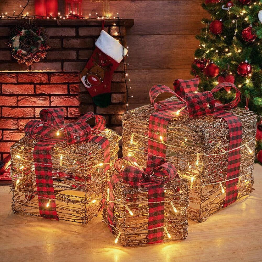 3PCS LED Christmas Parcel Light Up Rattan Gift Box Brown Xmas Festive Home Decor