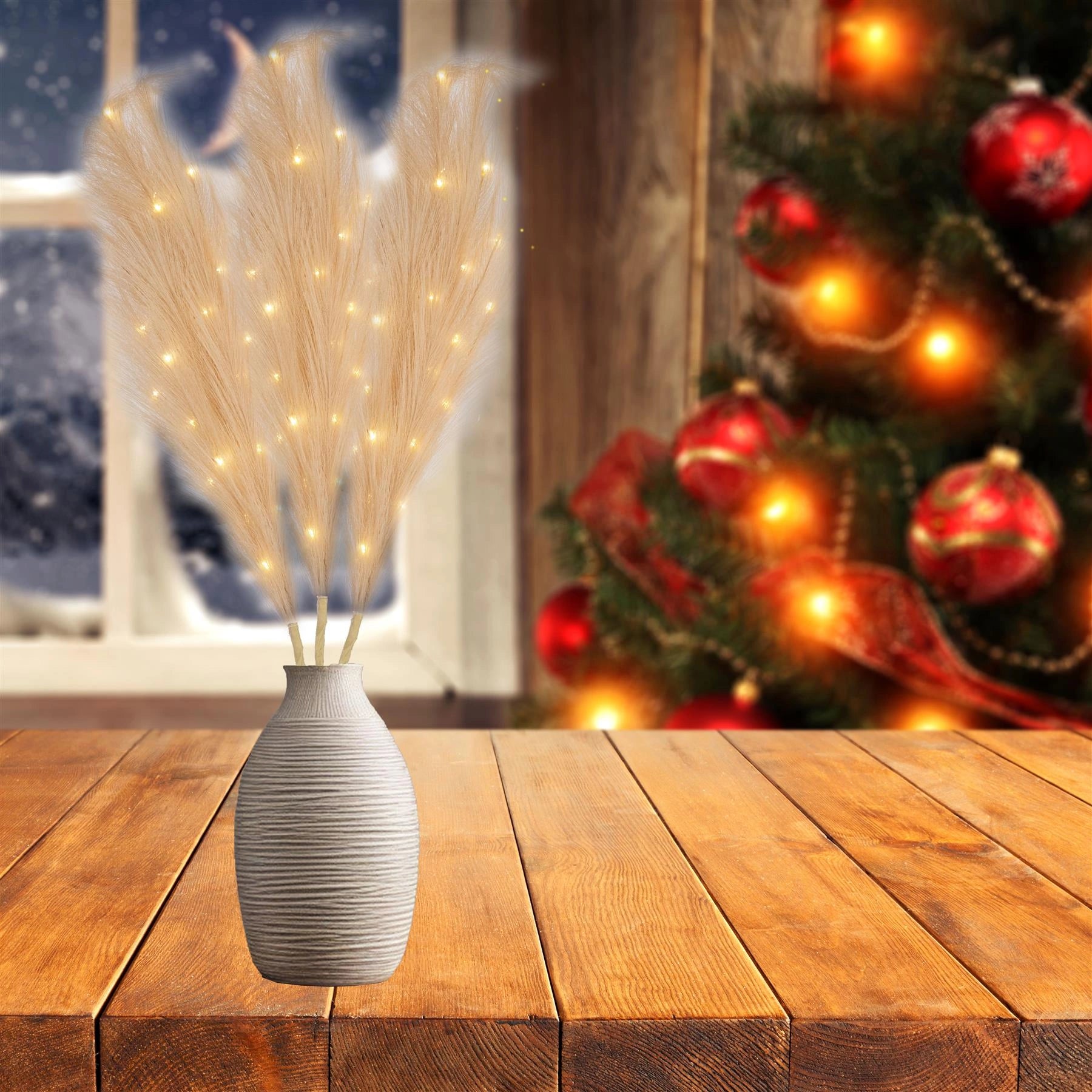 2 Pampas Grass Stem Feather Christmas Table Decor PreLit LED B/O Champagne 100cm