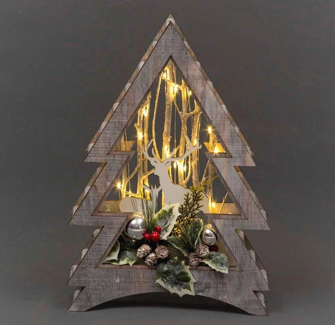 Wooden Reindeer Scene LED Christmas Tabletop Tree Frame 38cm B/O Xmas Home Decor