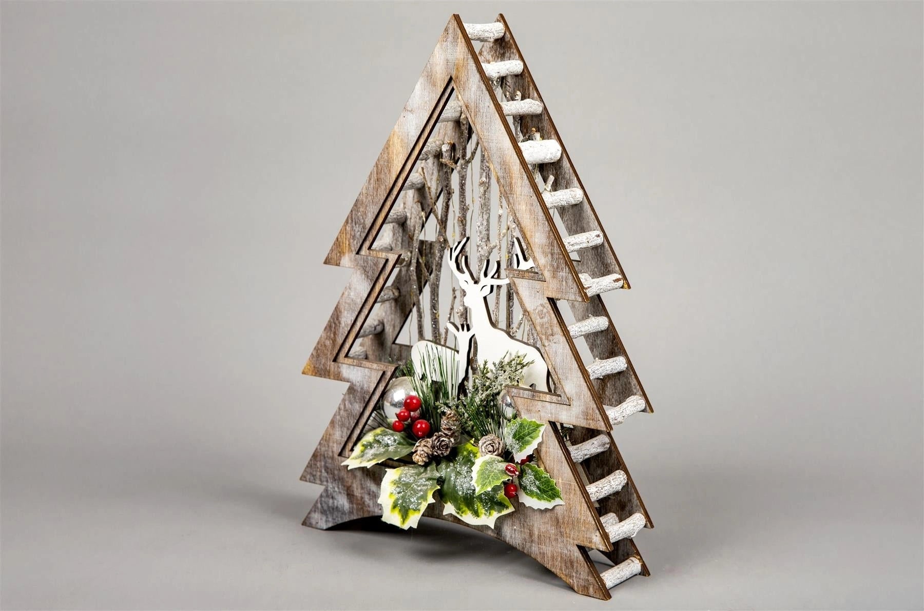 B/O Led Wooden Reindeer Scene - Xmas Tree Shape - W26Xd6.5Xh38Cm