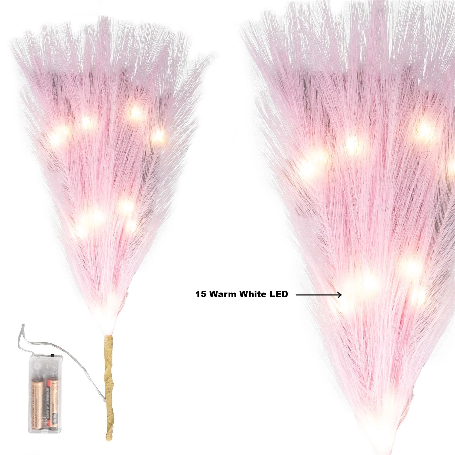 1PC Pampas Grass Stems Feather Christmas Table Decor Pre-Lit LED B/O Pink 45cm