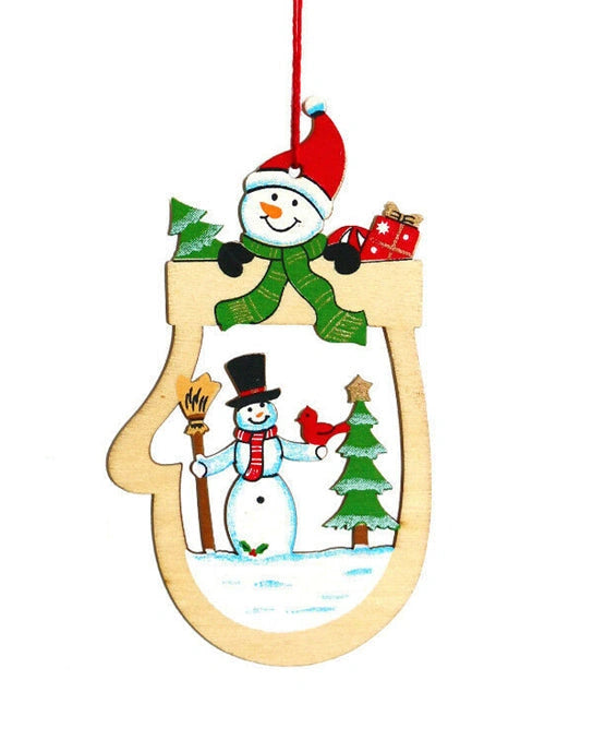 Wooden Christmas Tree Decoration Gloves Shape Snowman Head Xmas Hanging Ornament