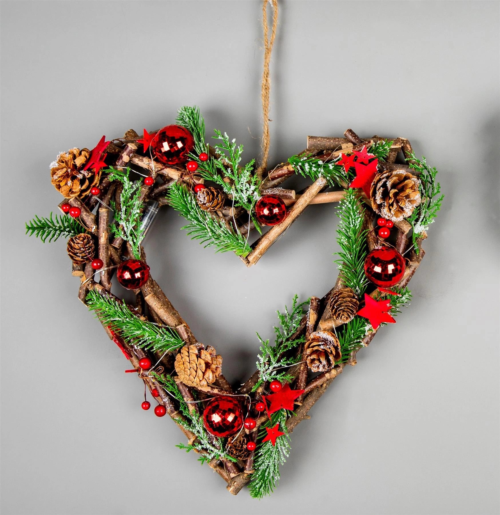 35cm Christmas Wreath Heart LED Red Baubles Stars Wooden Twig Hanging Xmas Decor