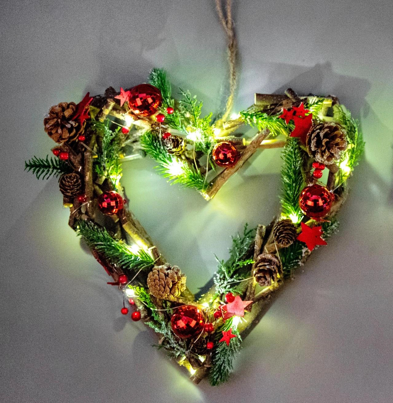 35cm Christmas Wreath Heart LED Red Baubles Stars Wooden Twig Hanging Xmas Decor