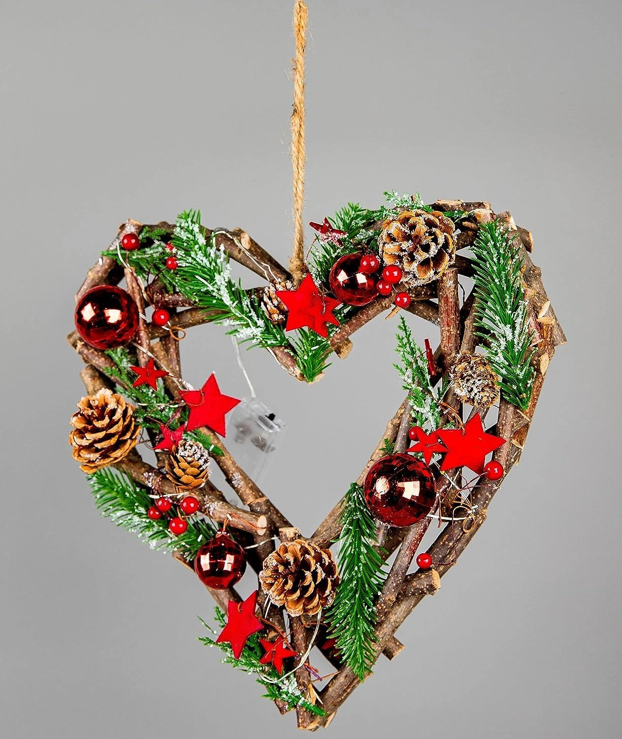35cm Christmas Wreath Heart LED Red Baubles Stars Wooden Twig Hanging Xmas Decor