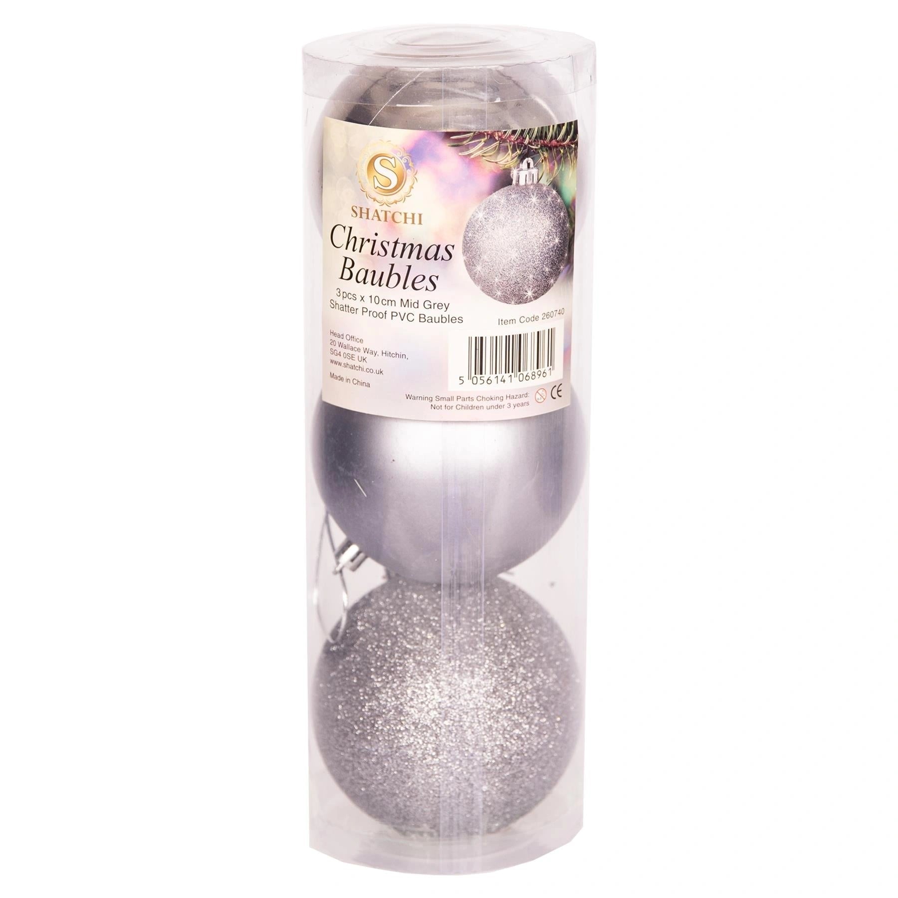 3 Mid Grey Shatterproof Christmas Baubles Glitter Matte Shiny Finish 10cm Decor