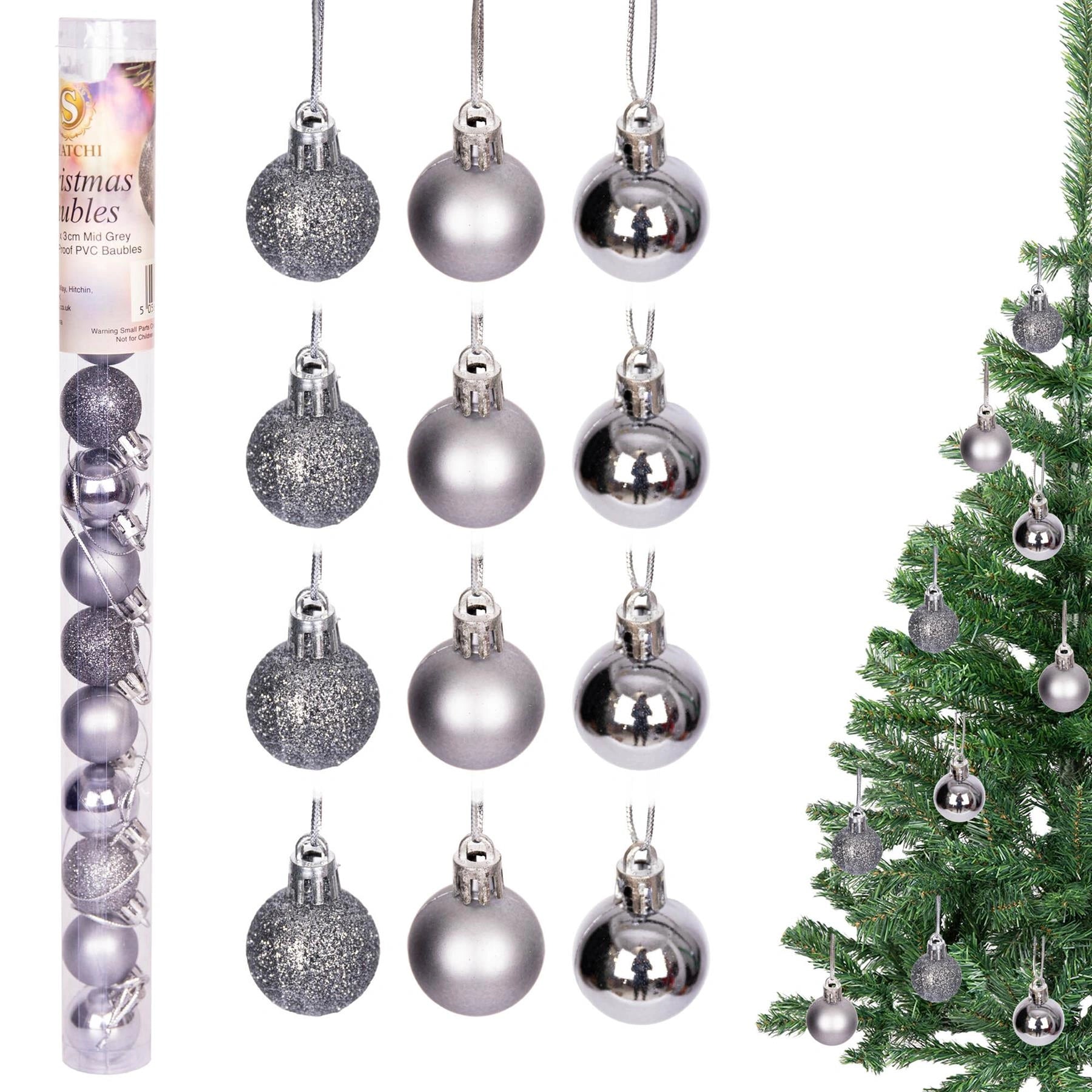 24 Mid Grey Christmas Baubles Matte Finish 3cm Shatterproof Festive Decorations