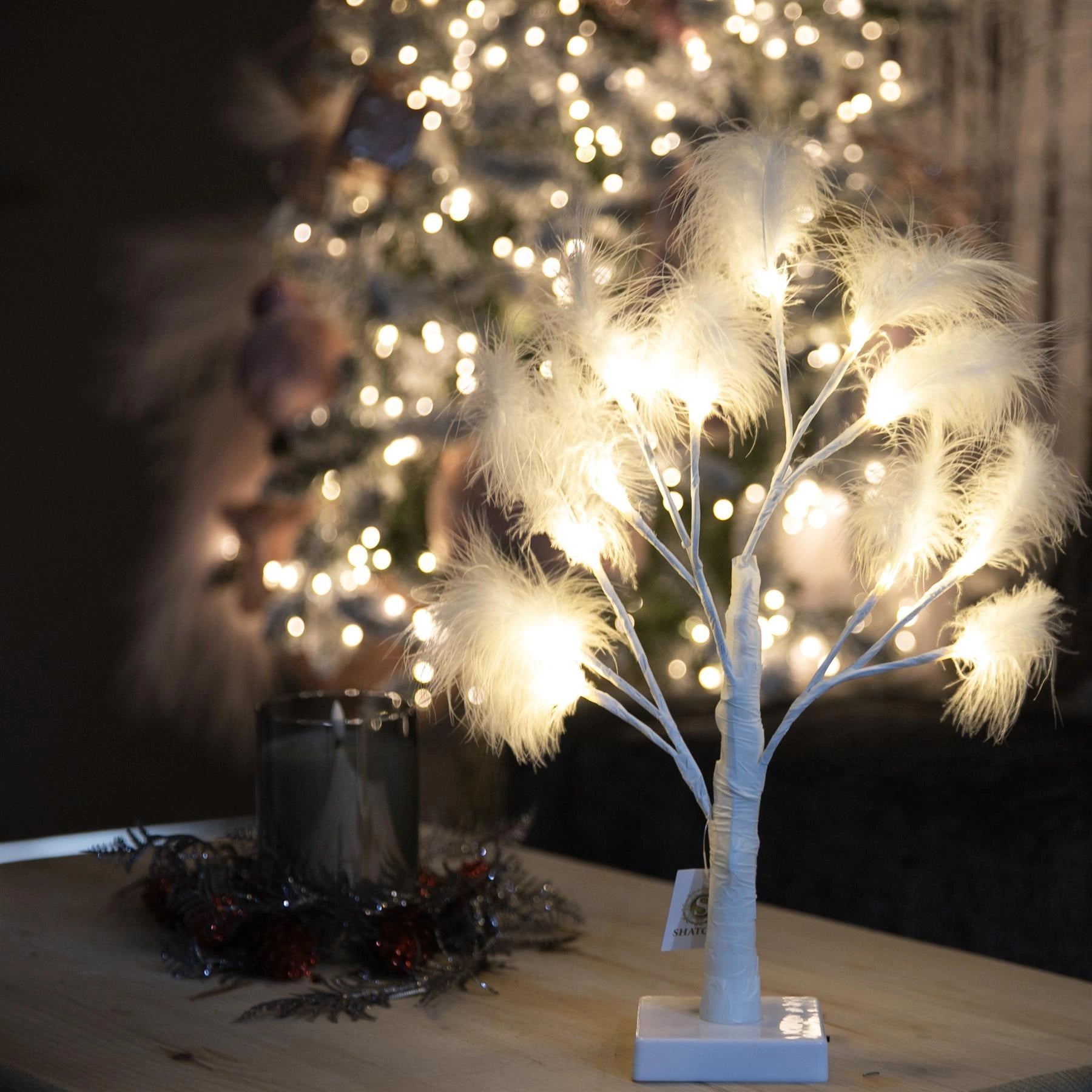 55cm Pampas White Feather Tree Pre-Lit Table Lamp B/O LED Christmas Decor 1PC