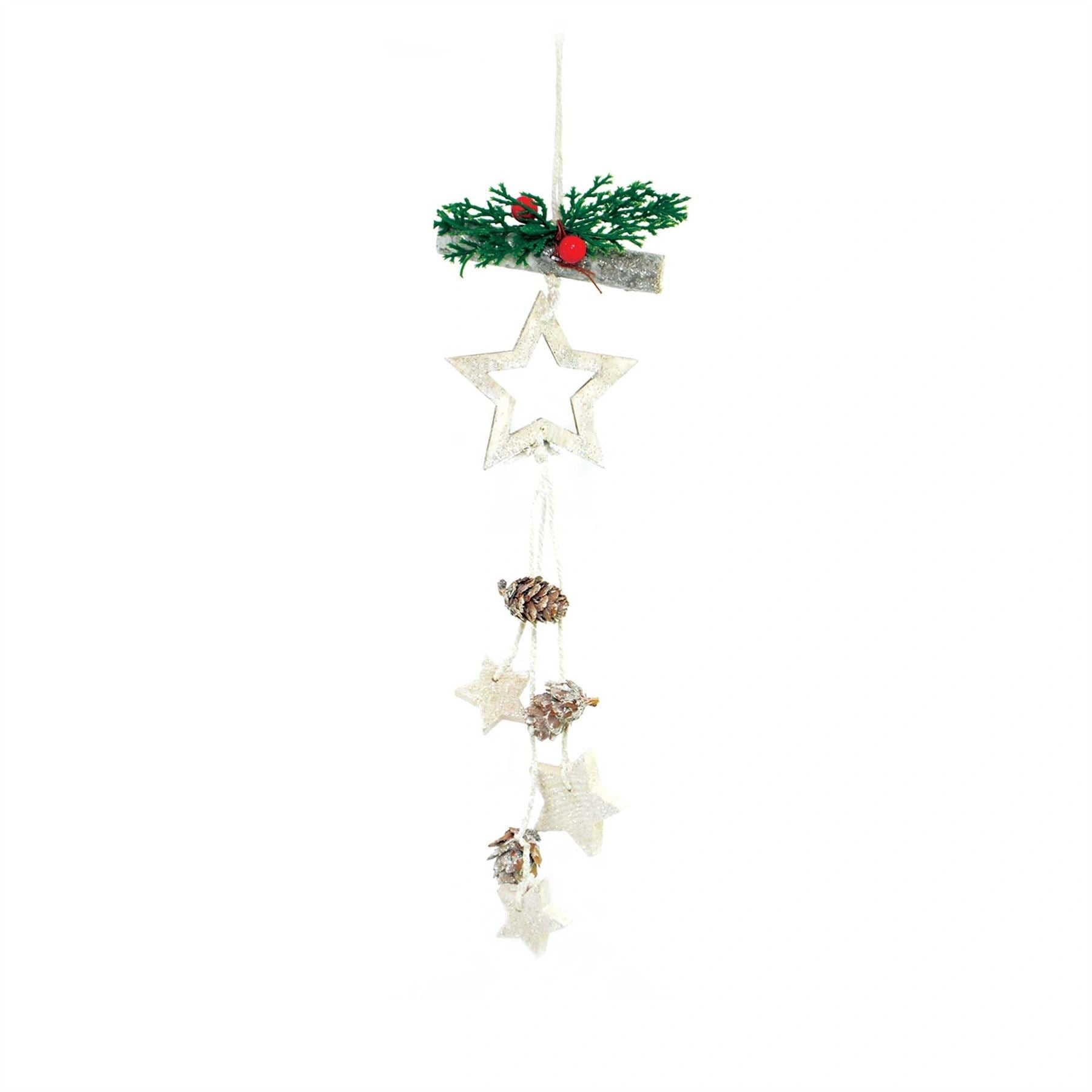36Cm Star Wooden Hanging Ornament With Berry, Pine Cones And Stars Xmas Decorations