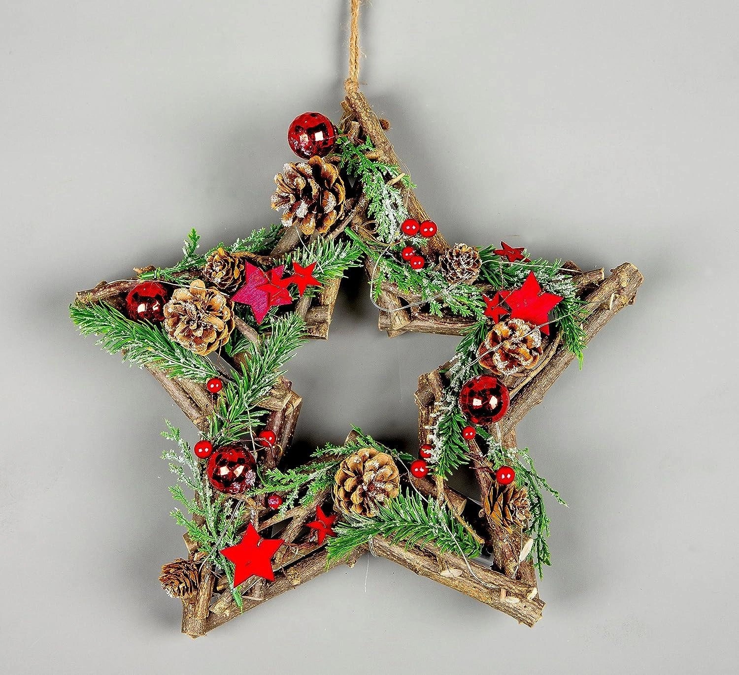 35cm Christmas Wreath Star LED Red Baubles Stars Wooden Twig Hanging Xmas Decor