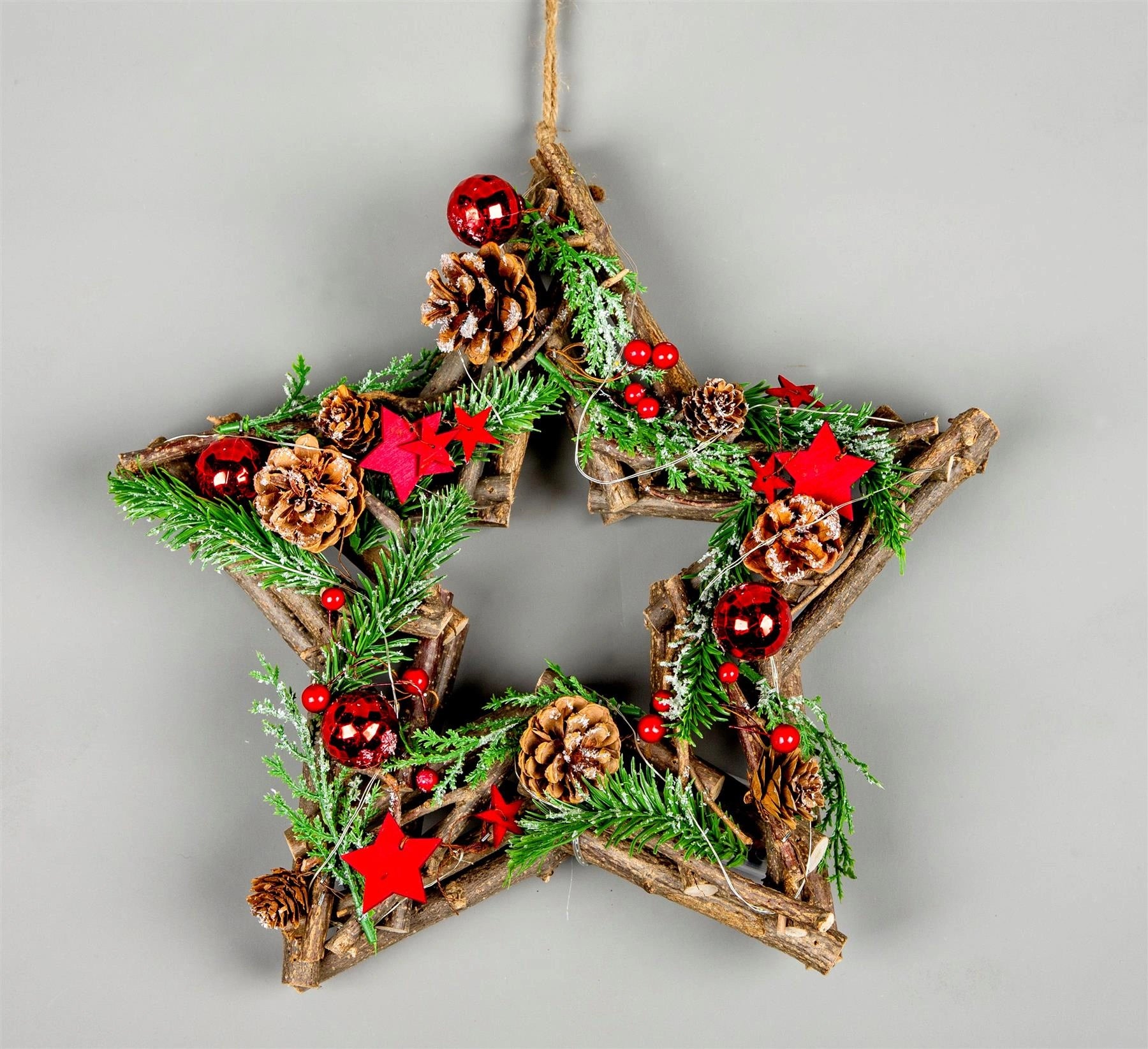 35cm Christmas Wreath Star LED Red Baubles Stars Wooden Twig Hanging Xmas Decor