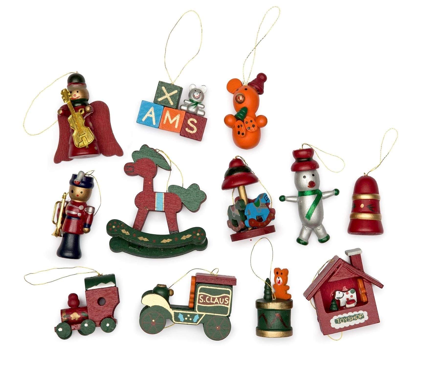 12 x Traditional Hand Crafted & Painted Wooden Christmas Tree Decorations