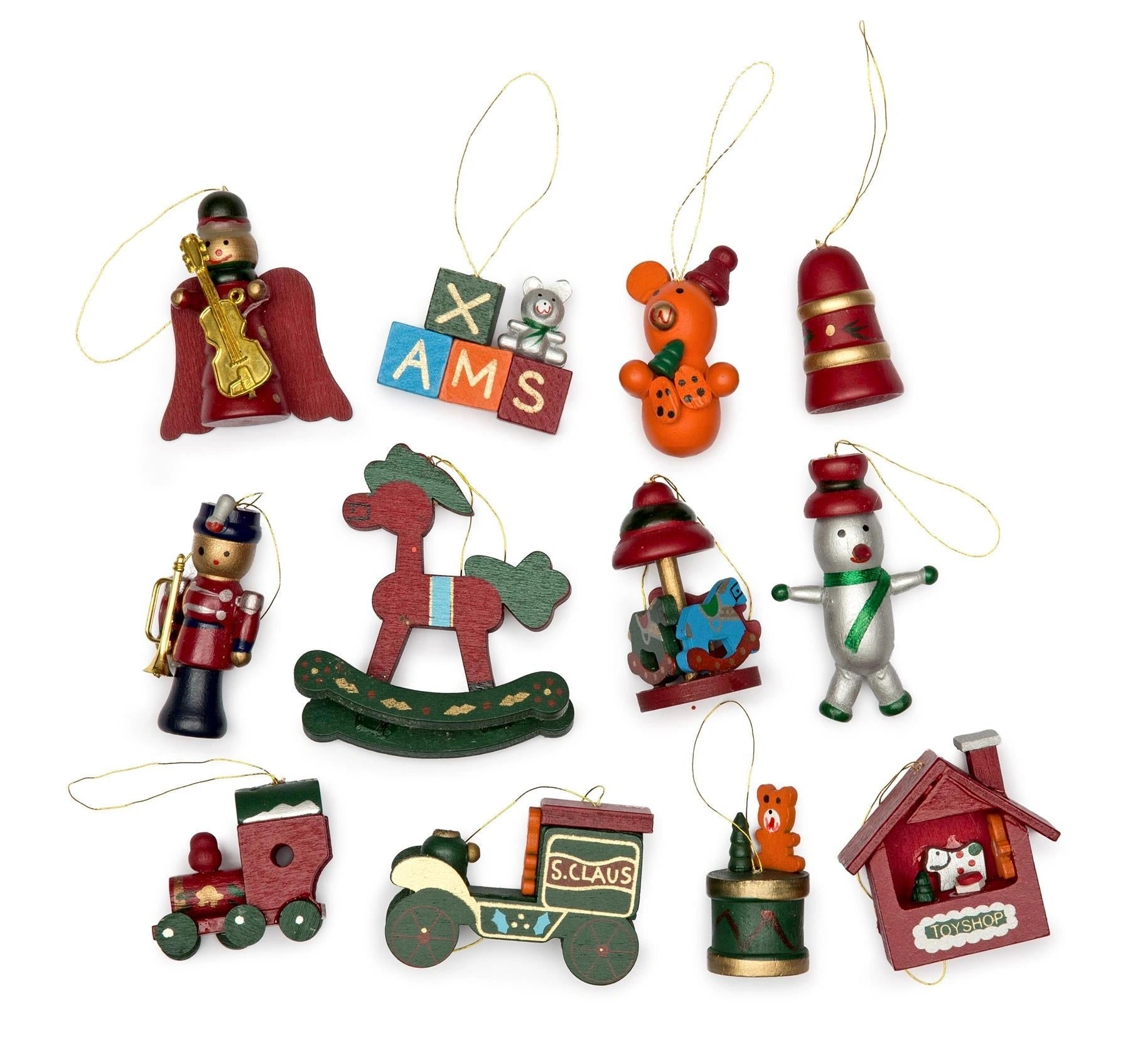 12 x Traditional Hand Crafted & Painted Wooden Christmas Tree Decorations