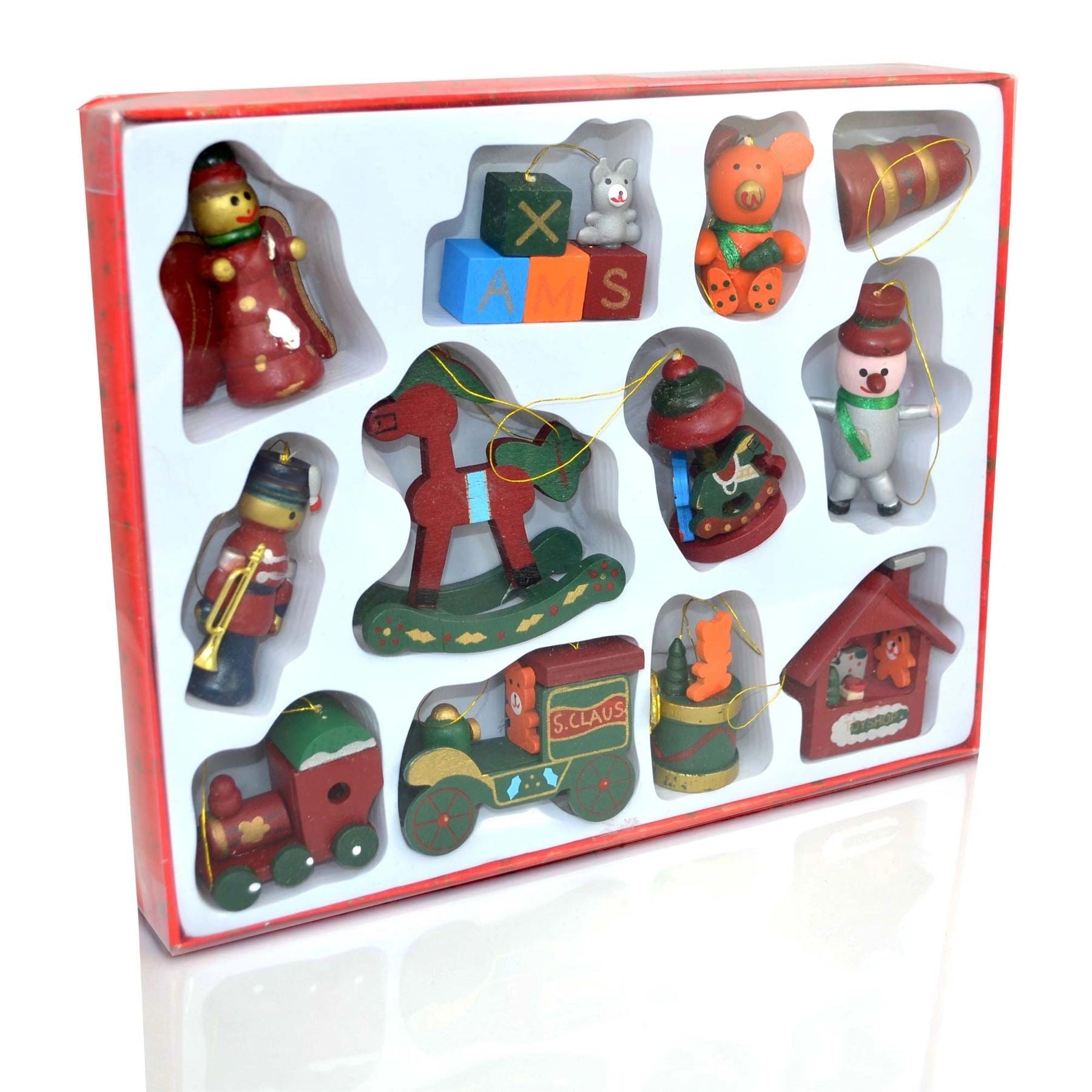 12 x Traditional Hand Crafted & Painted Wooden Christmas Tree Decorations