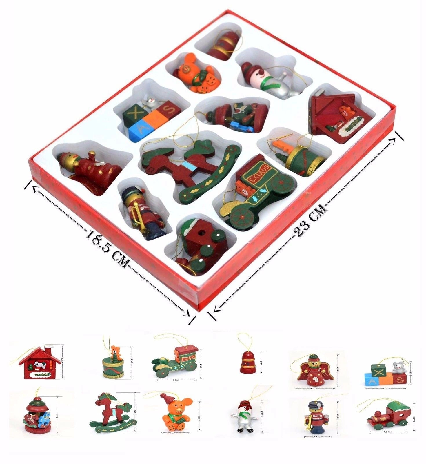 12 x Traditional Hand Crafted & Painted Wooden Christmas Tree Decorations