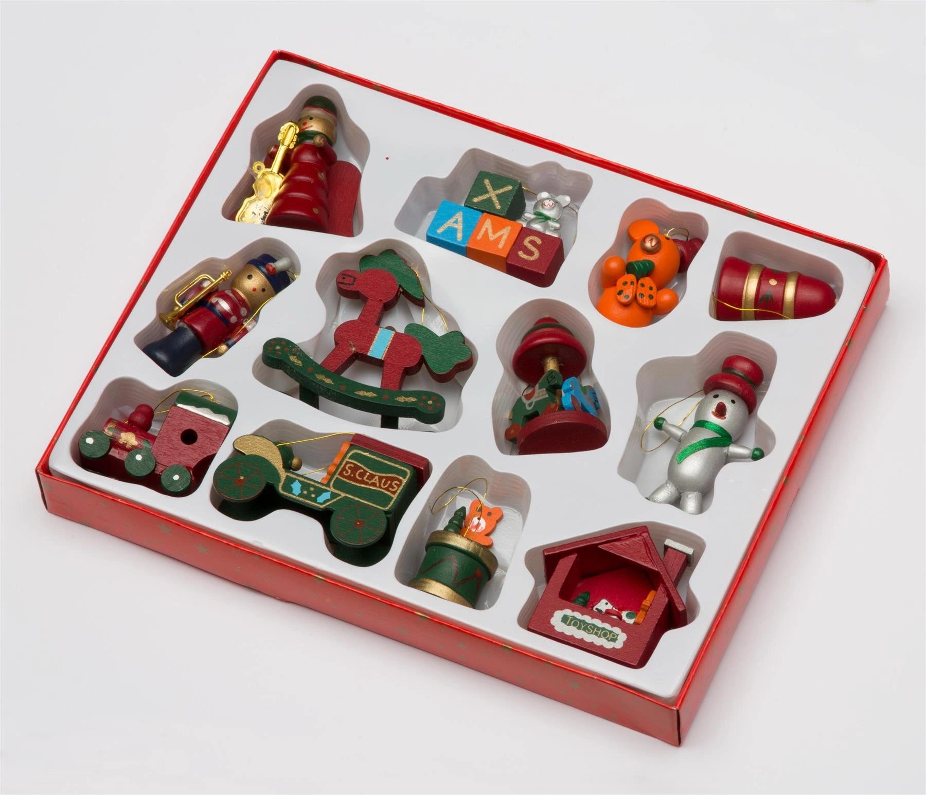 12 x Traditional Hand Crafted & Painted Wooden Christmas Tree Decorations