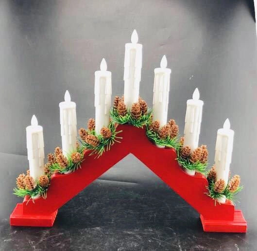 Wooden Real Wax Candle Bridge Flickering Light 7 Bulb Window Xmas Christmas Decoration