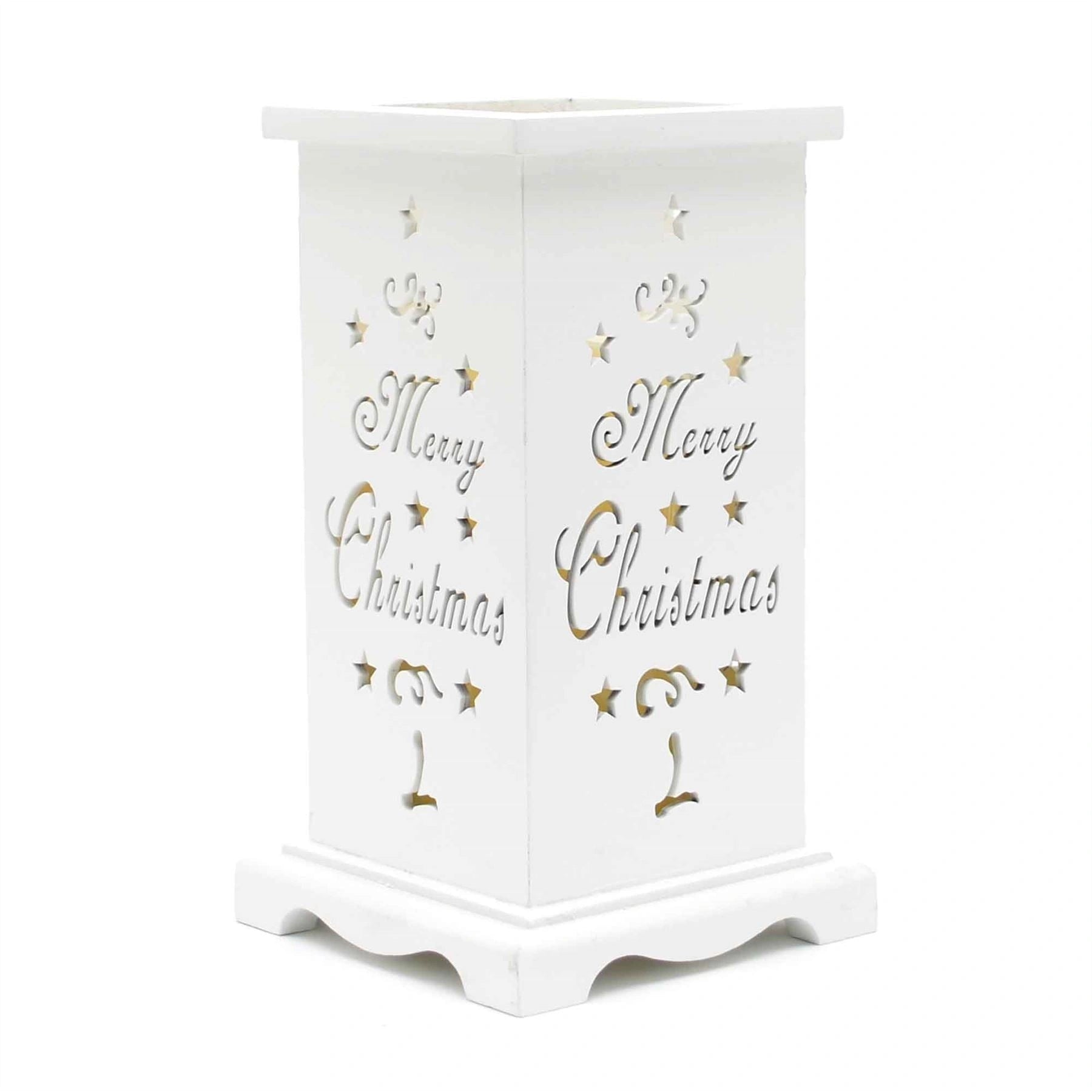 Christmas LED Candle Flameless Table Top Wooden Holder Merry Christmas White