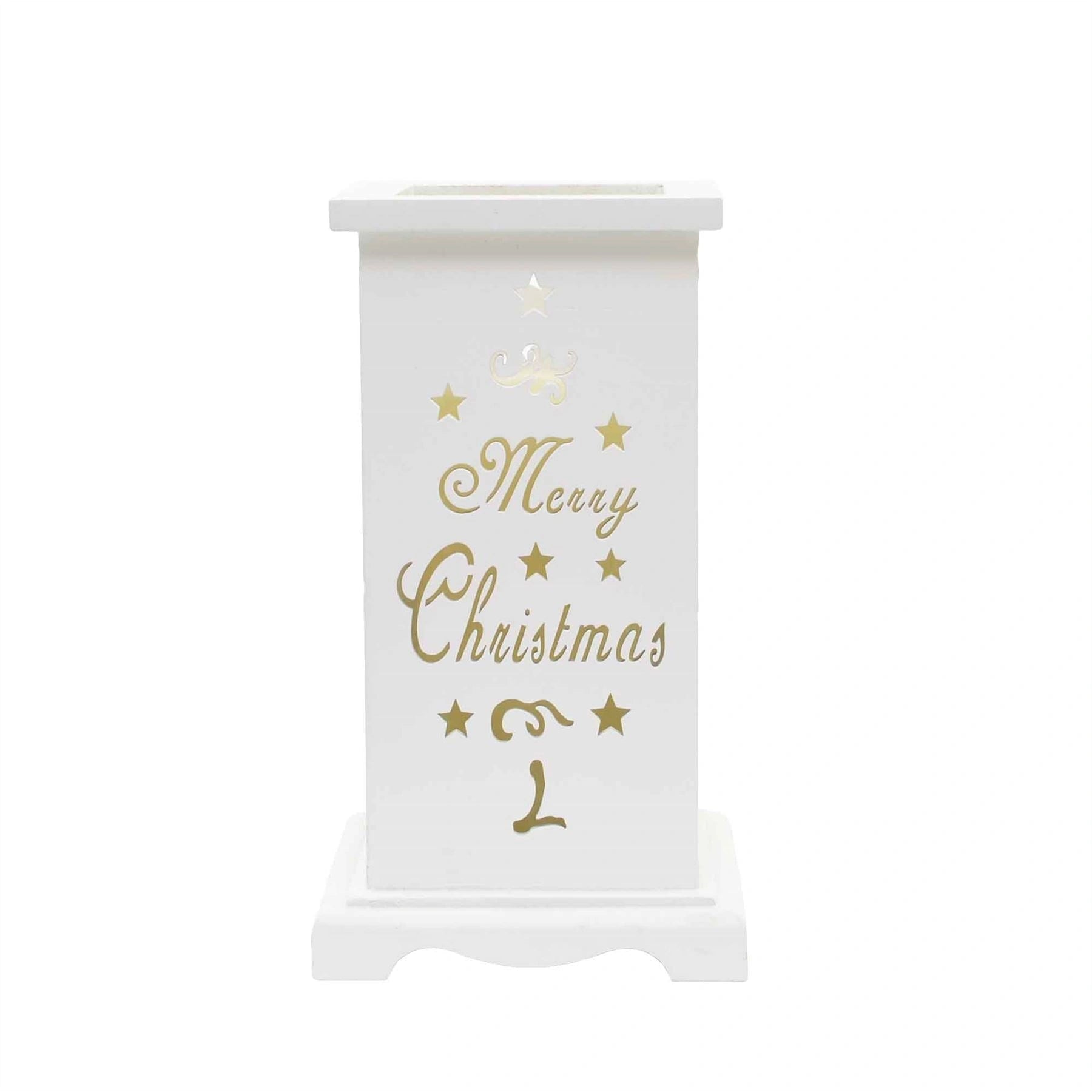 Christmas Led Lantern Candle Flameless Table Top Wooden Holder Engraved Merry Christmas White Battery Operated