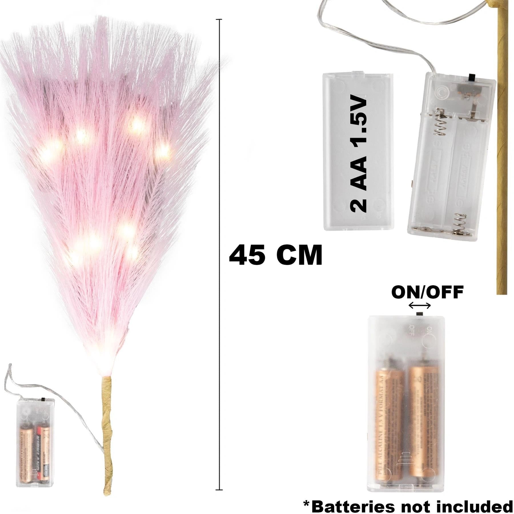 2PCS Pampas Grass Stems Feather Christmas Table Decor Pre-Lit LED B/O Pink 45cm
