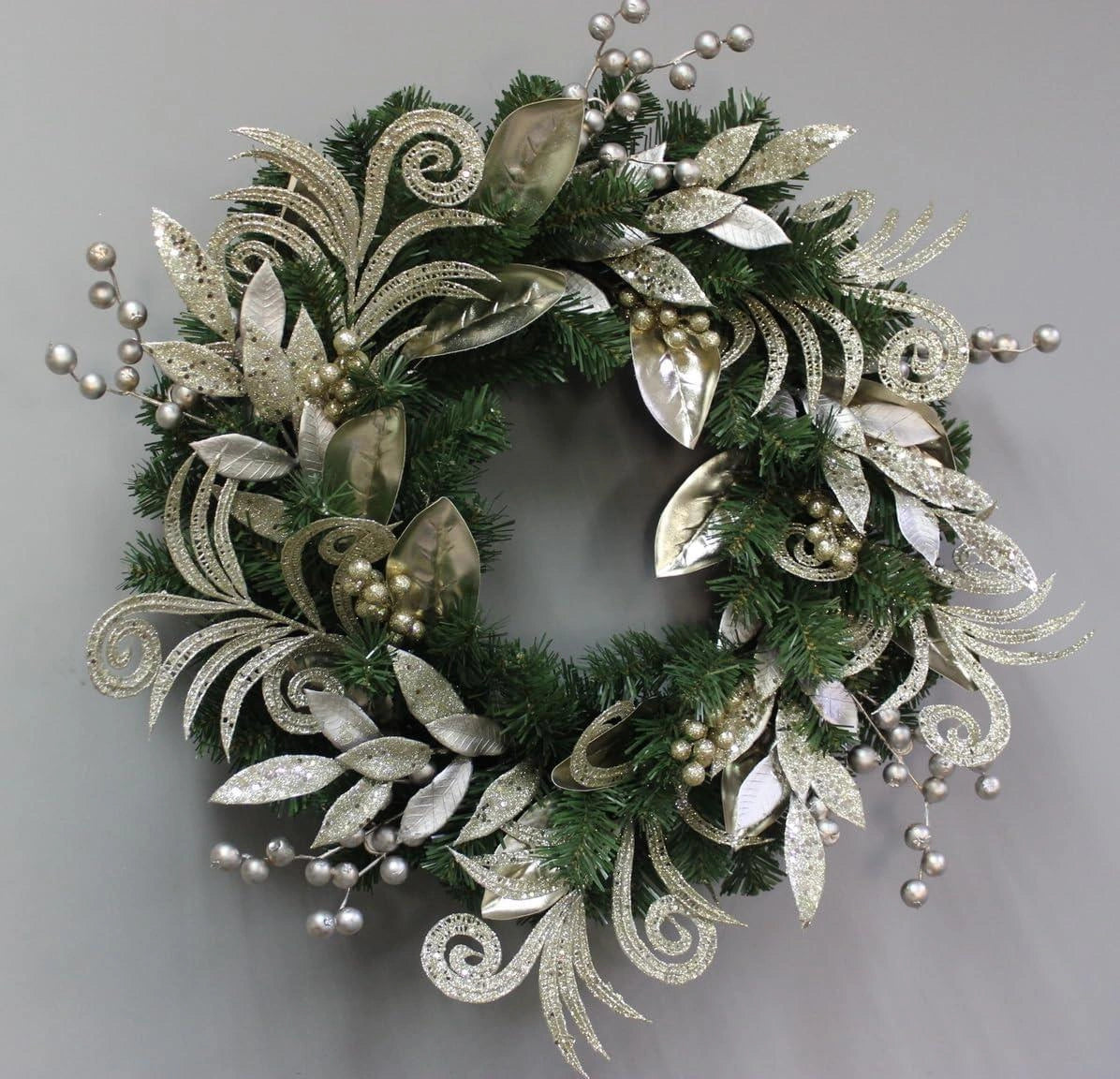 60cm Christmas Wreath Silver Gold Berries Door Wall Home Xmas Hanging Ornaments