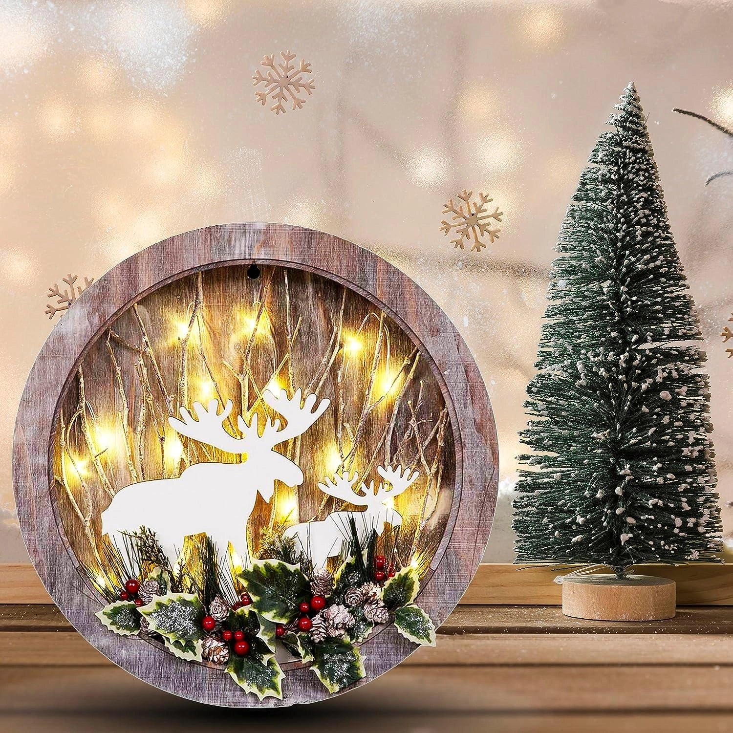 Wooden Christmas Wreath Reindeer Scene Table Top Frame 30cm Xmas Home Decor UK