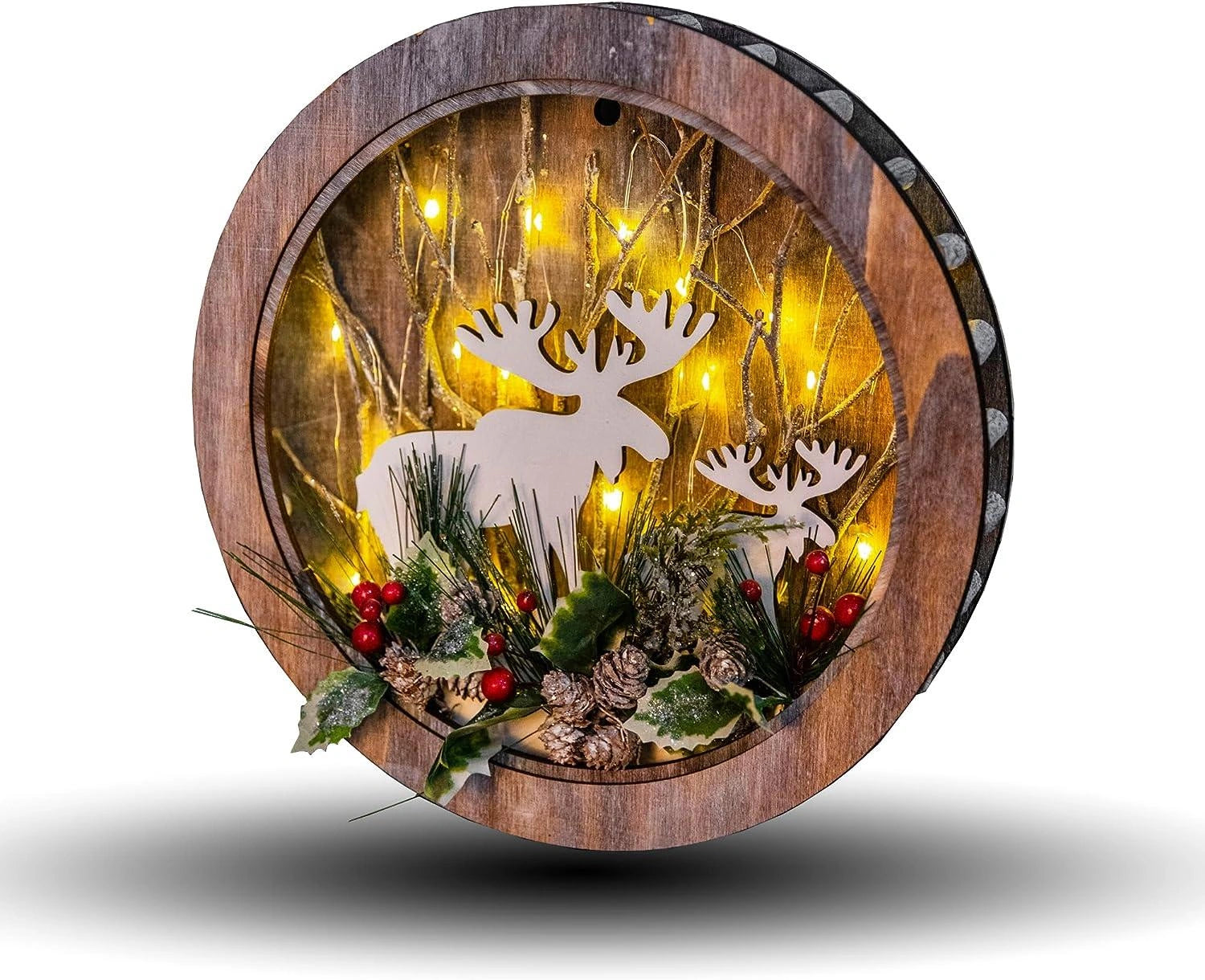 Wooden Christmas Wreath Reindeer Scene Table Top Frame 30cm Xmas Home Decor UK