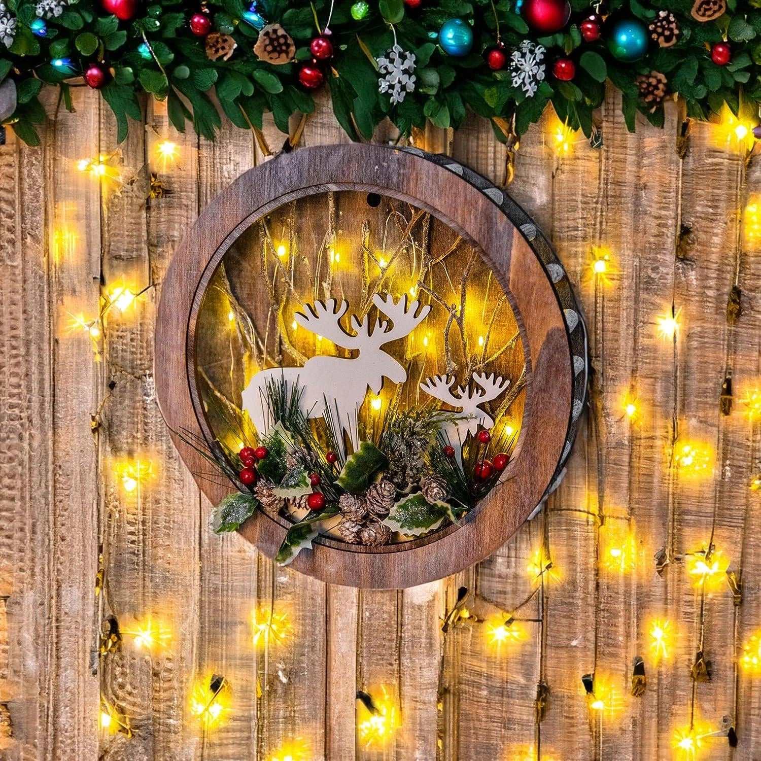 Wooden Christmas Wreath Reindeer Scene Table Top Frame 30cm Xmas Home Decor UK