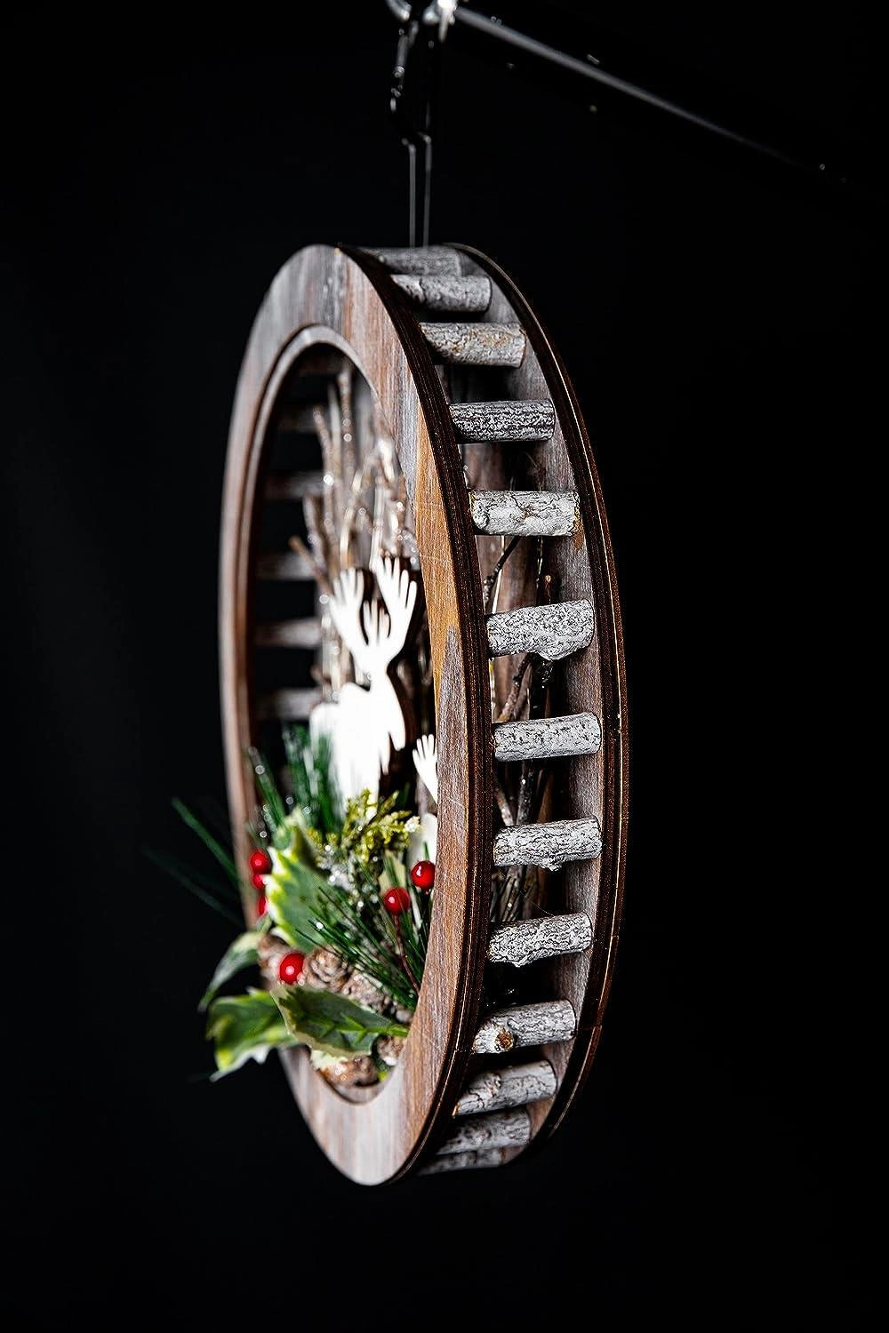 Wooden Christmas Wreath Reindeer Scene Table Top Frame 30cm Xmas Home Decor UK