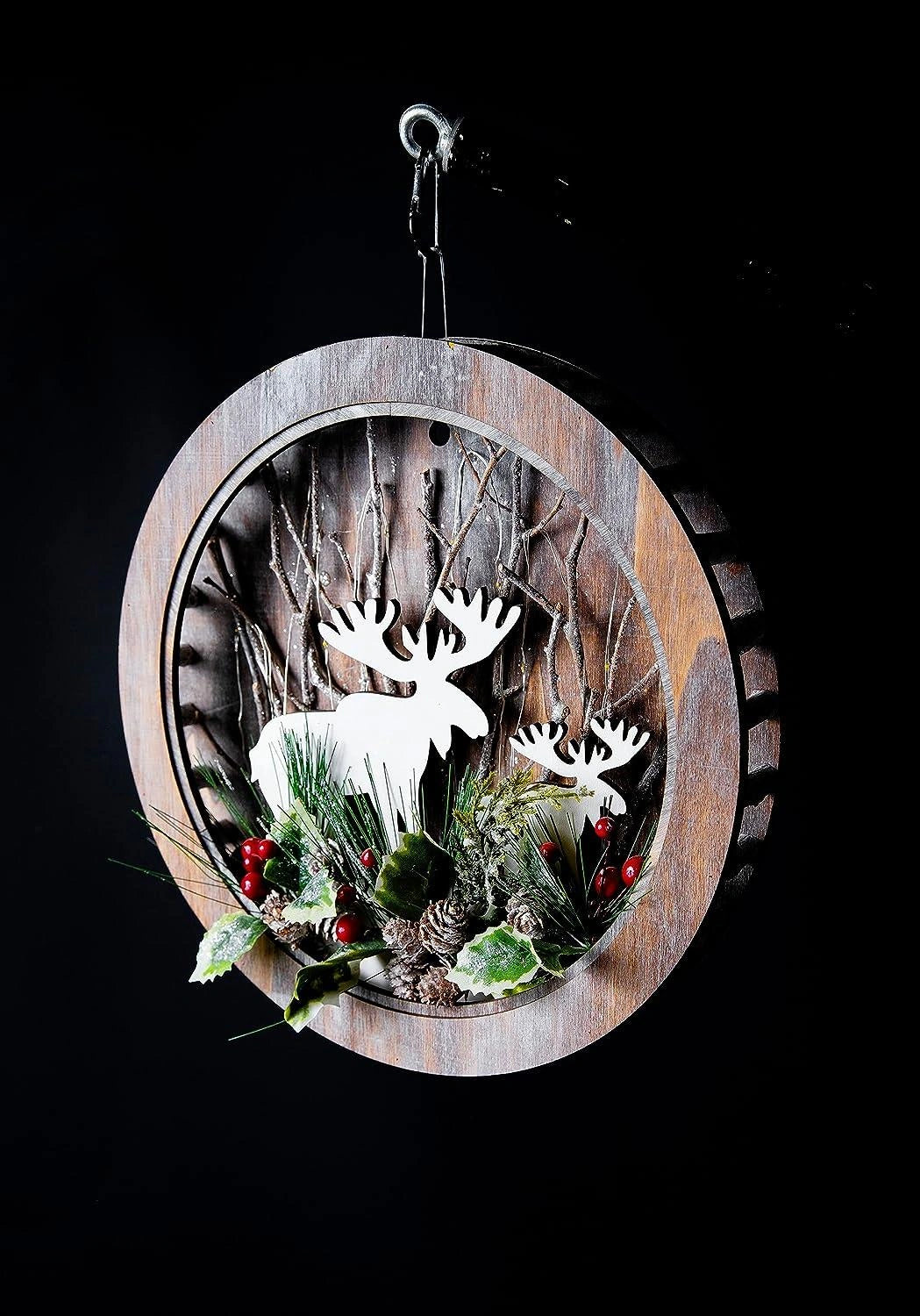 B/O Led Wooden Reindeer Scene - Wreath Shape - D30Xw4.5