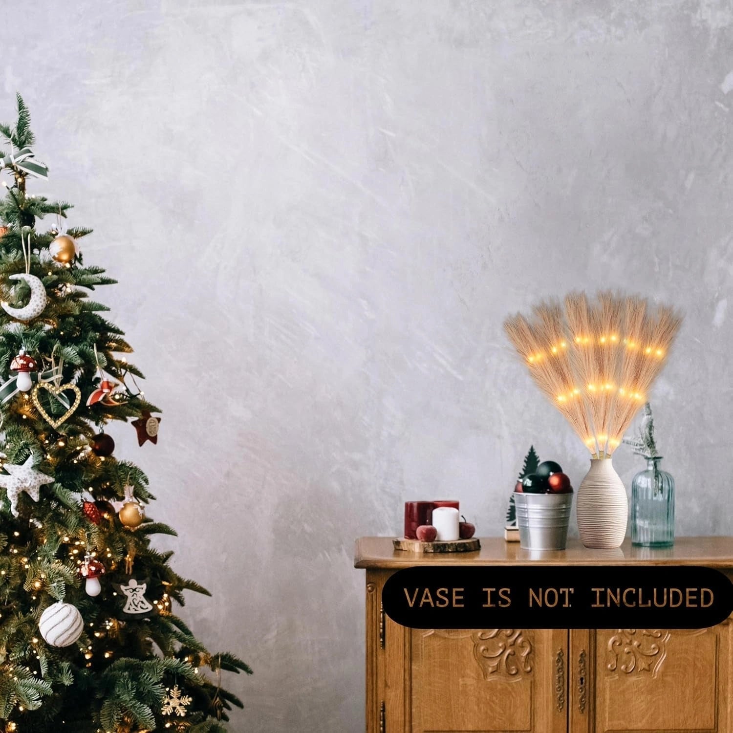 2PCS Pampas Grass Stem Christmas Table Decor Pre-Lit LED B/O Champagne Gold 45cm