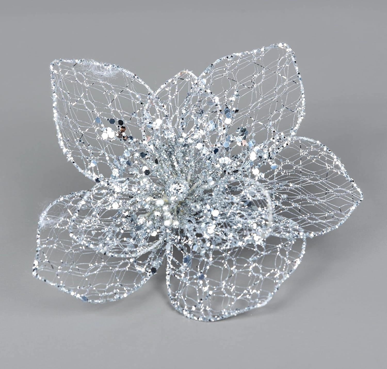 20Cm Silver Net Poinsettia Poinsettia Flower - Christmas Tree Decoration