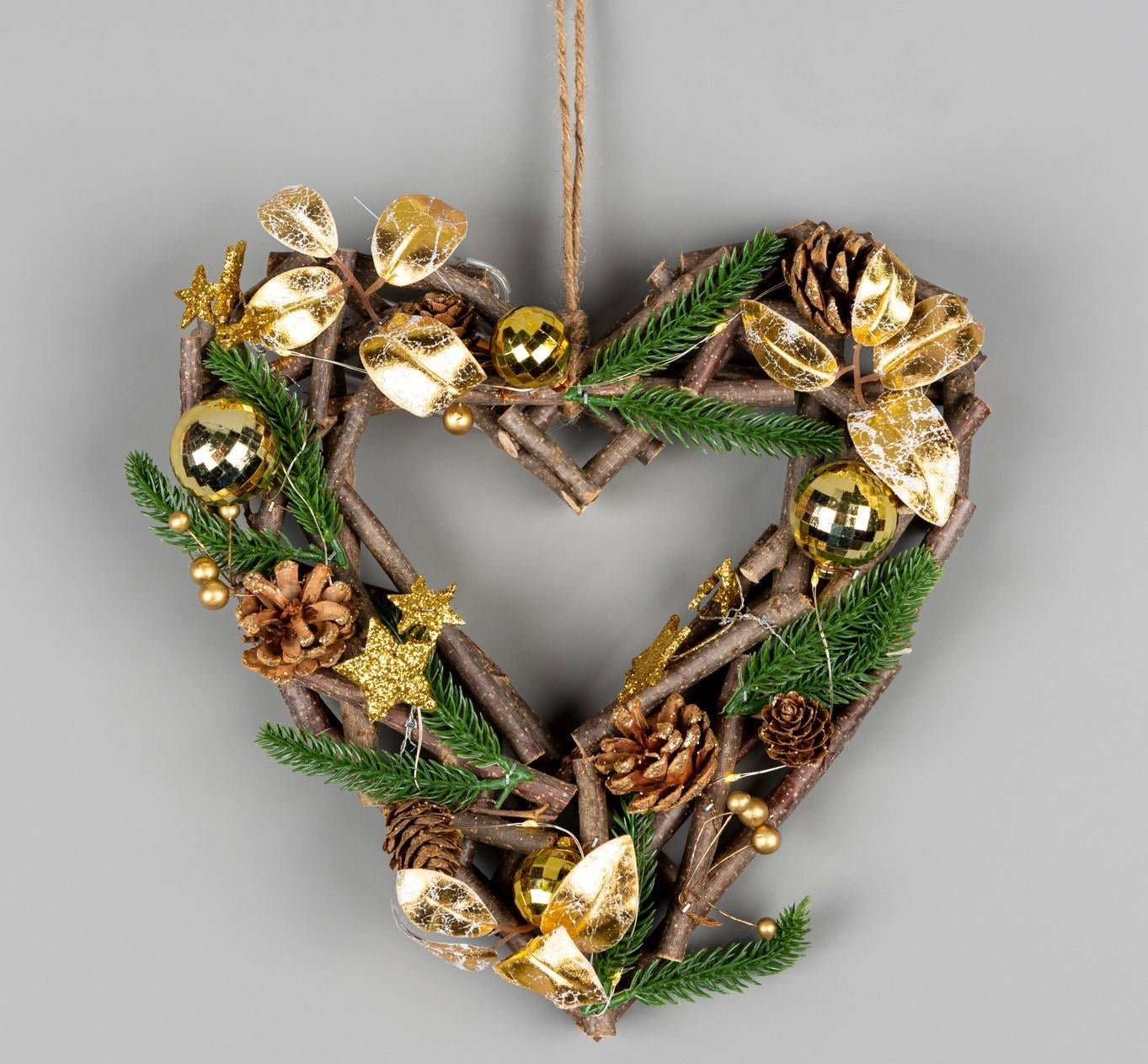 30cm Christmas Wreath Heart LED Gold Bauble Star Wooden Twig Hanging Xmas Decor
