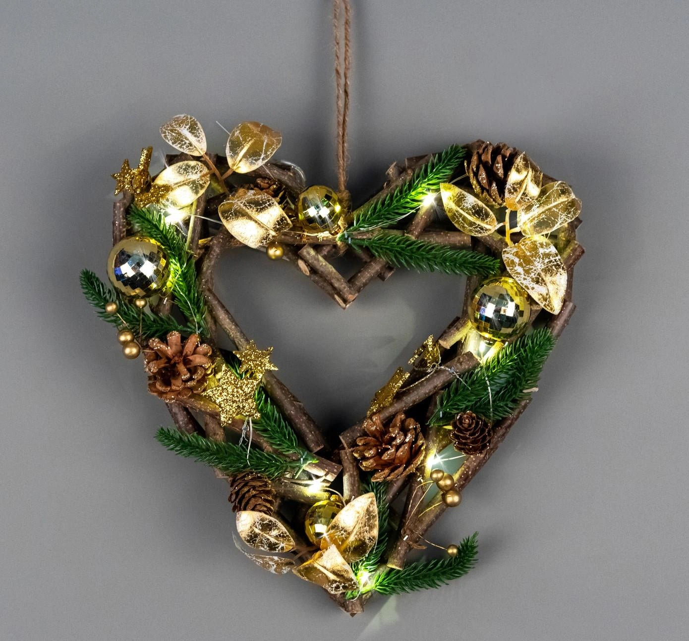 30cm Christmas Wreath Heart LED Gold Bauble Star Wooden Twig Hanging Xmas Decor