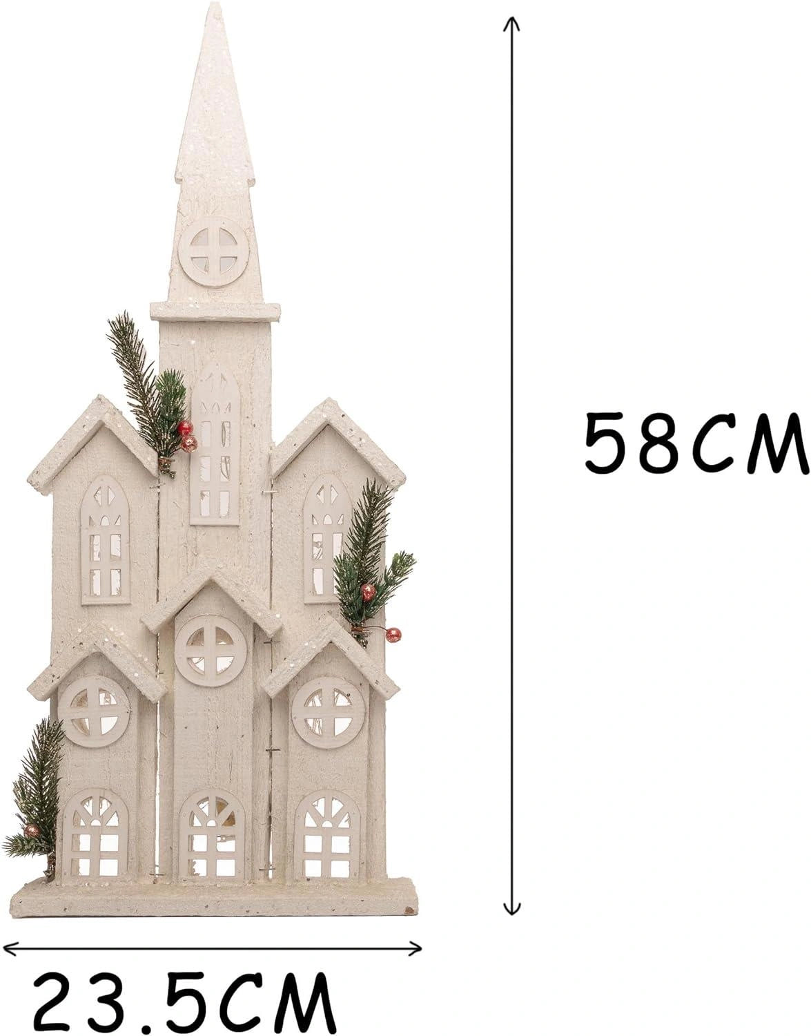 Christmas Tabletop LED Wooden Church 58cm Snow White Centerpiece Xmas Decoration