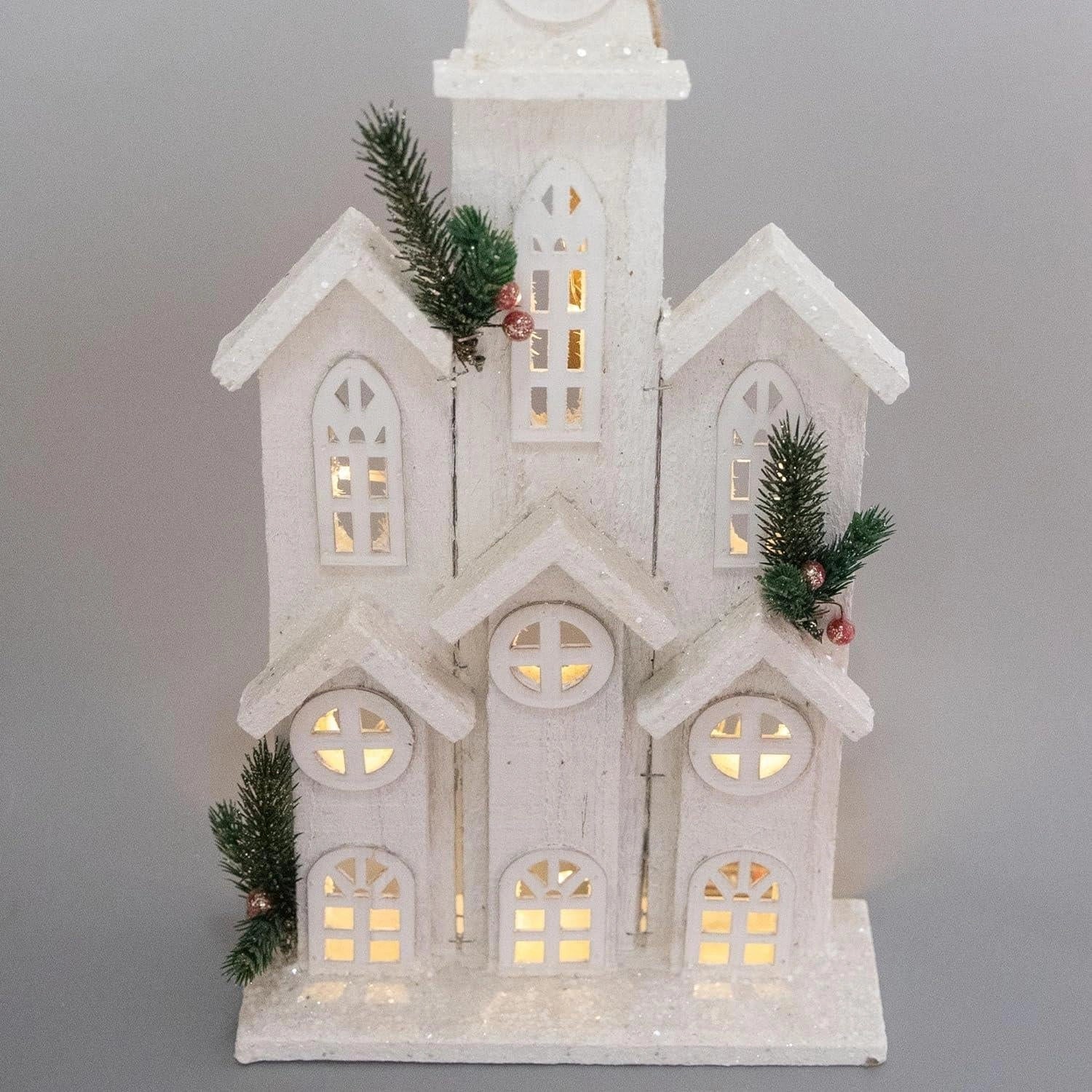 Christmas Tabletop LED Wooden Church 58cm Snow White Centerpiece Xmas Decoration