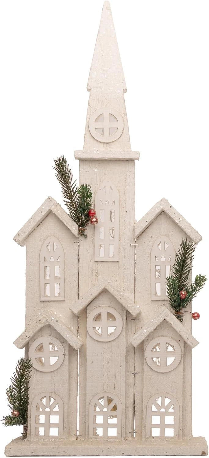Christmas Tabletop LED Wooden Church 58cm Snow White Centerpiece Xmas Decoration