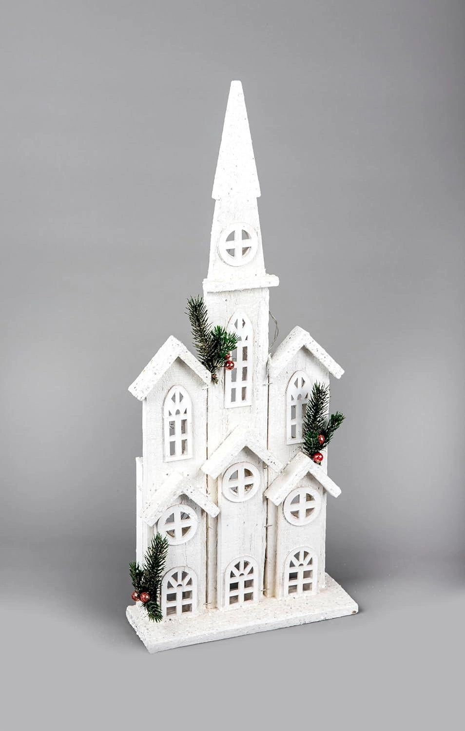 Christmas Tabletop LED Wooden Church 58cm Snow White Centerpiece Xmas Decoration