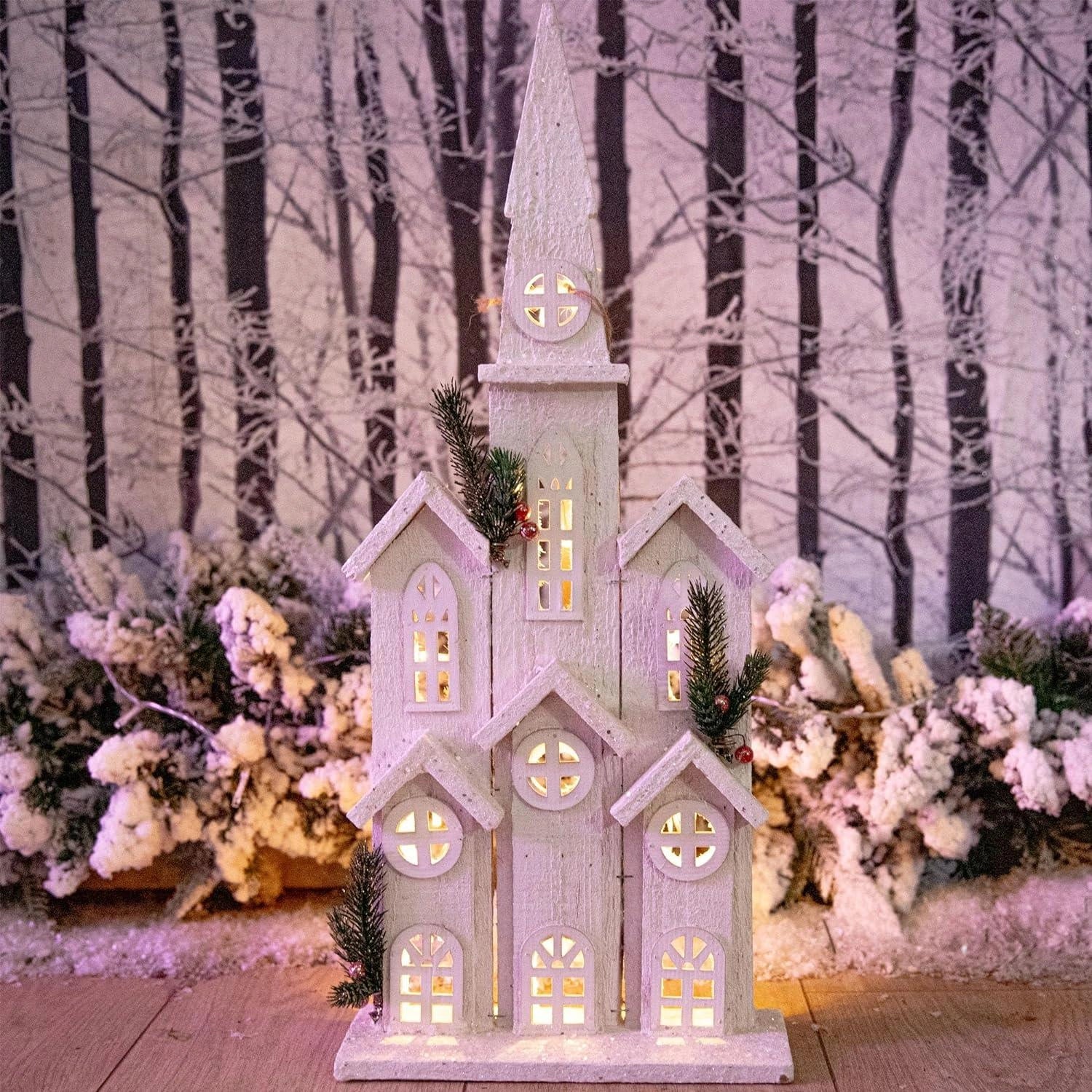 Christmas Tabletop LED Wooden Church 58cm Snow White Centerpiece Xmas Decoration