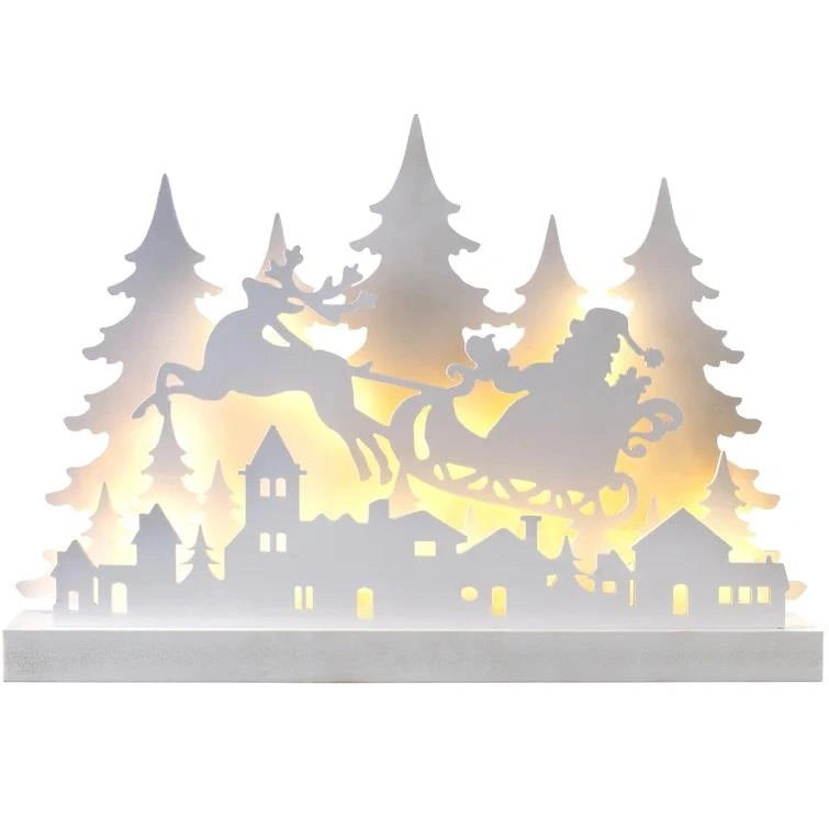 Wooden B/O Led Flying Santa / Sleigh Silhouette 60Cm