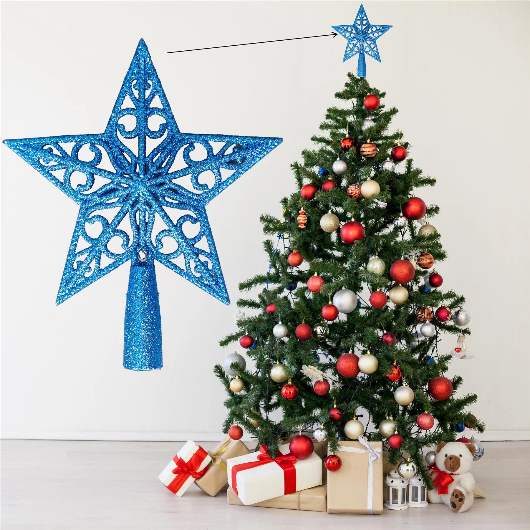 Christmas Star Tree Topper Blue Glitter Crown Xmas Tree Ornaments Decor 14.5cm