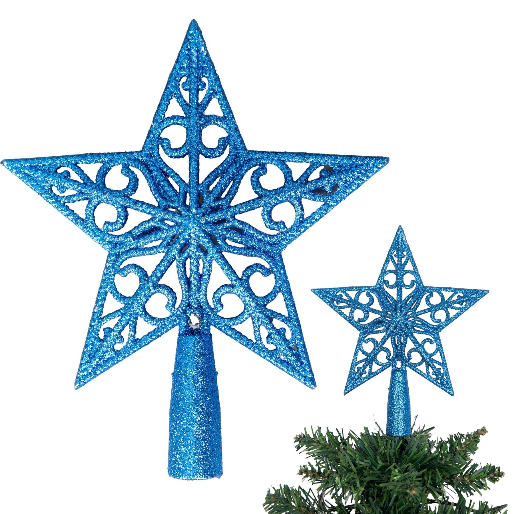 Christmas Star Tree Topper Blue Glitter Crown Xmas Tree Ornaments Decor 14.5cm