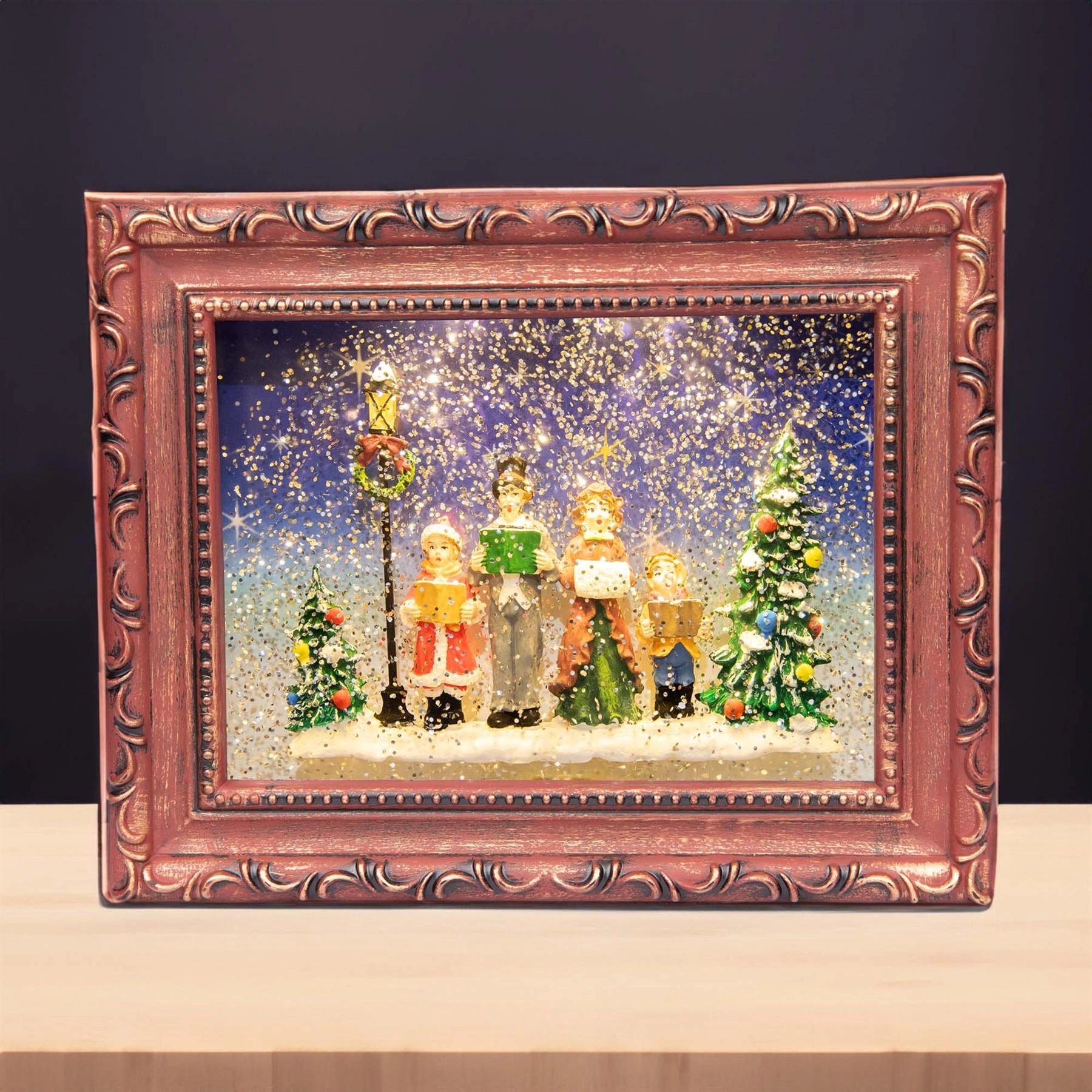 Christmas Decor Auto Swirling Snow LED Glittery Water Spinner Choir Scene Frame