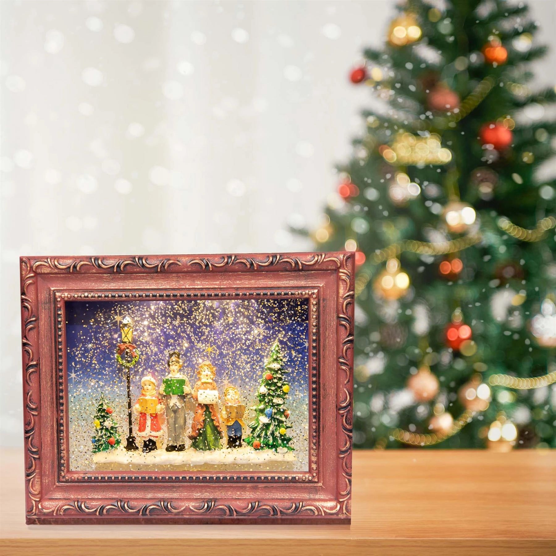 Christmas Decor Auto Swirling Snow LED Glittery Water Spinner Choir Scene Frame