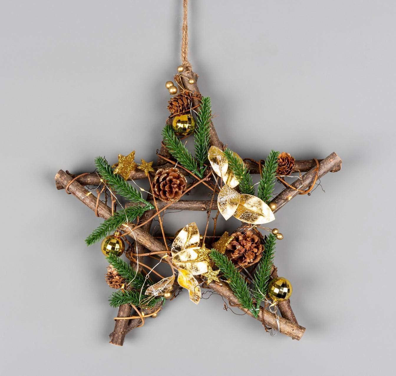 35cm Christmas Wreath Star LED Gold Baubles Stars Wooden Twig Hanging Xmas Decor
